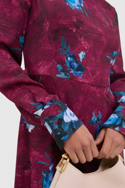 Abstract Rose Milberry Red Long Sleeve Midi Dress