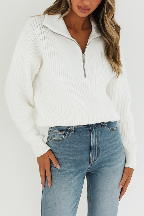 Merete White Knit | Women's Zip Collar Jumper