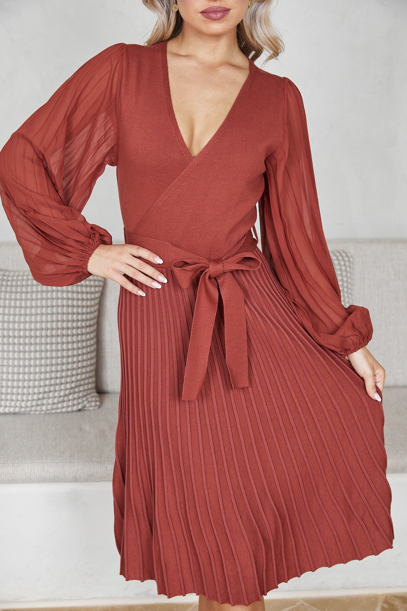 Abby Mae Rust Dress | Women's Pleated Midi Dress