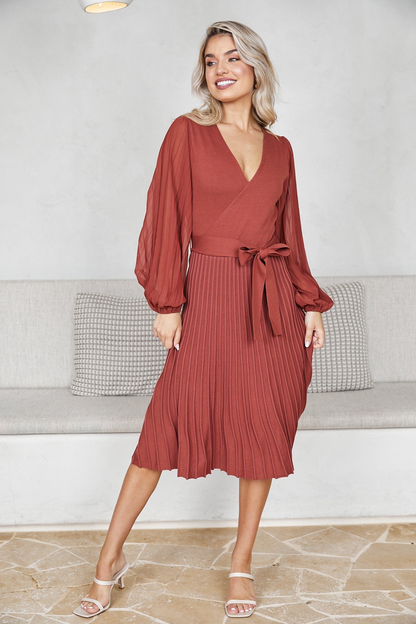 Abby Mae Rust Dress | Women's Pleated Midi Dress