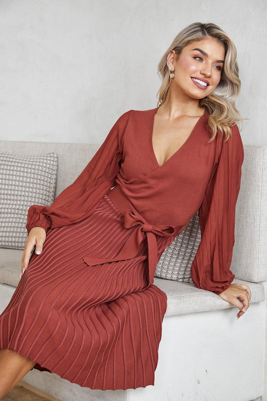 Abby Mae Rust Dress | Women's Pleated Midi Dress