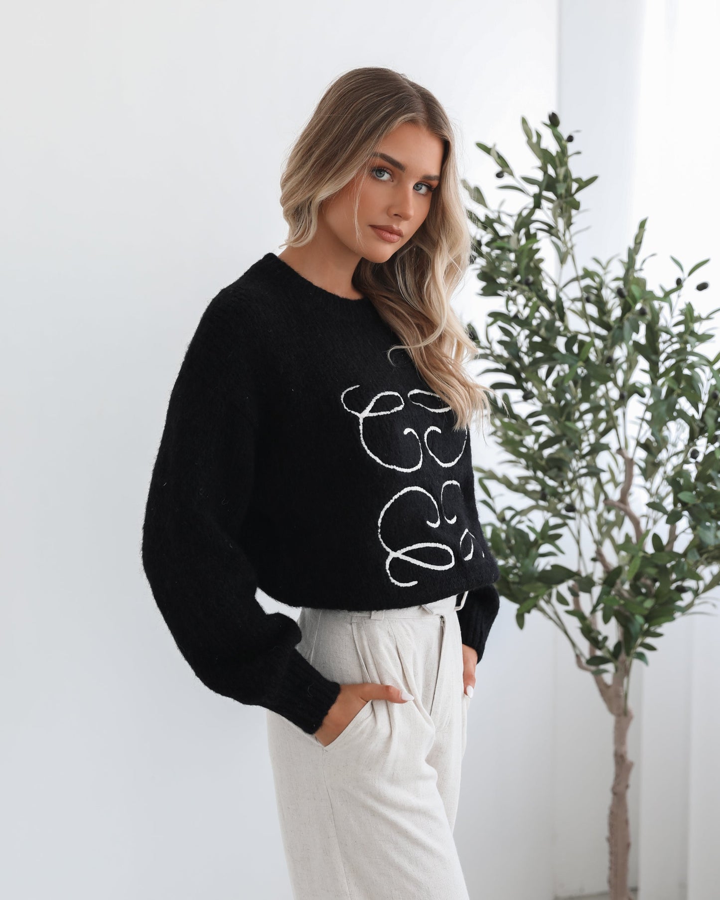 Adelaine Black Print Knit | Women's Knit Jumper