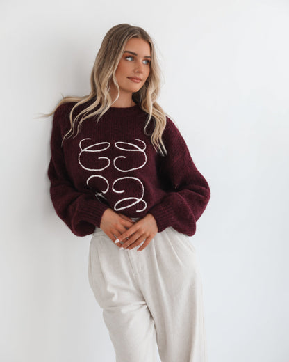 Adelaine Wine Print Knit | Women's Knit Jumper