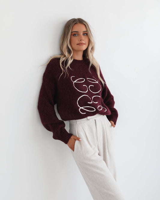 Adelaine Wine Print Knit | Women's Knit Jumper
