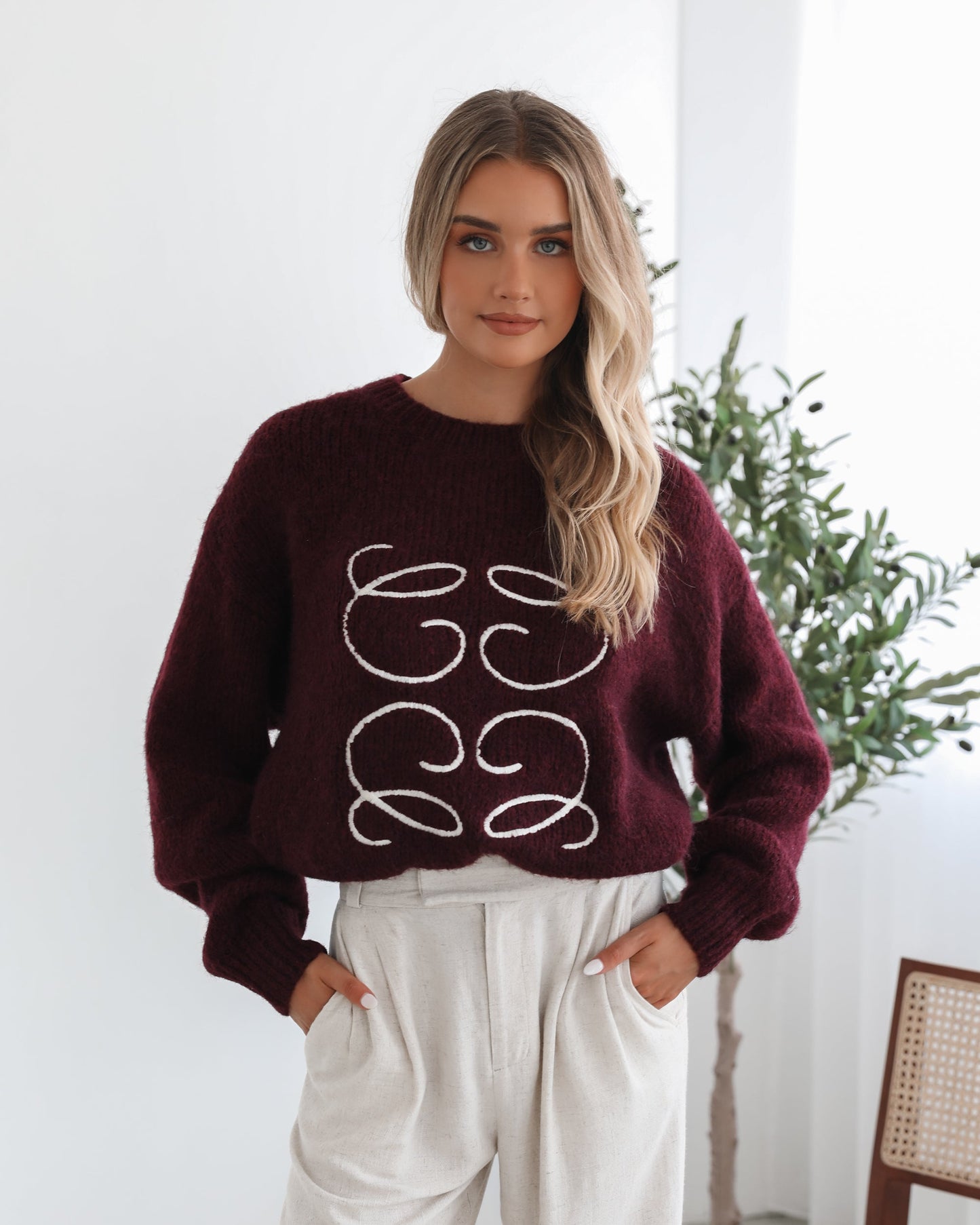 Adelaine Wine Print Knit | Women's Knit Jumper