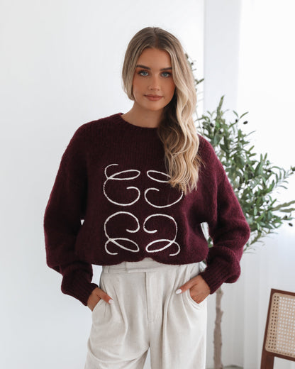 Adelaine Wine Print Knit | Women's Knit Jumper