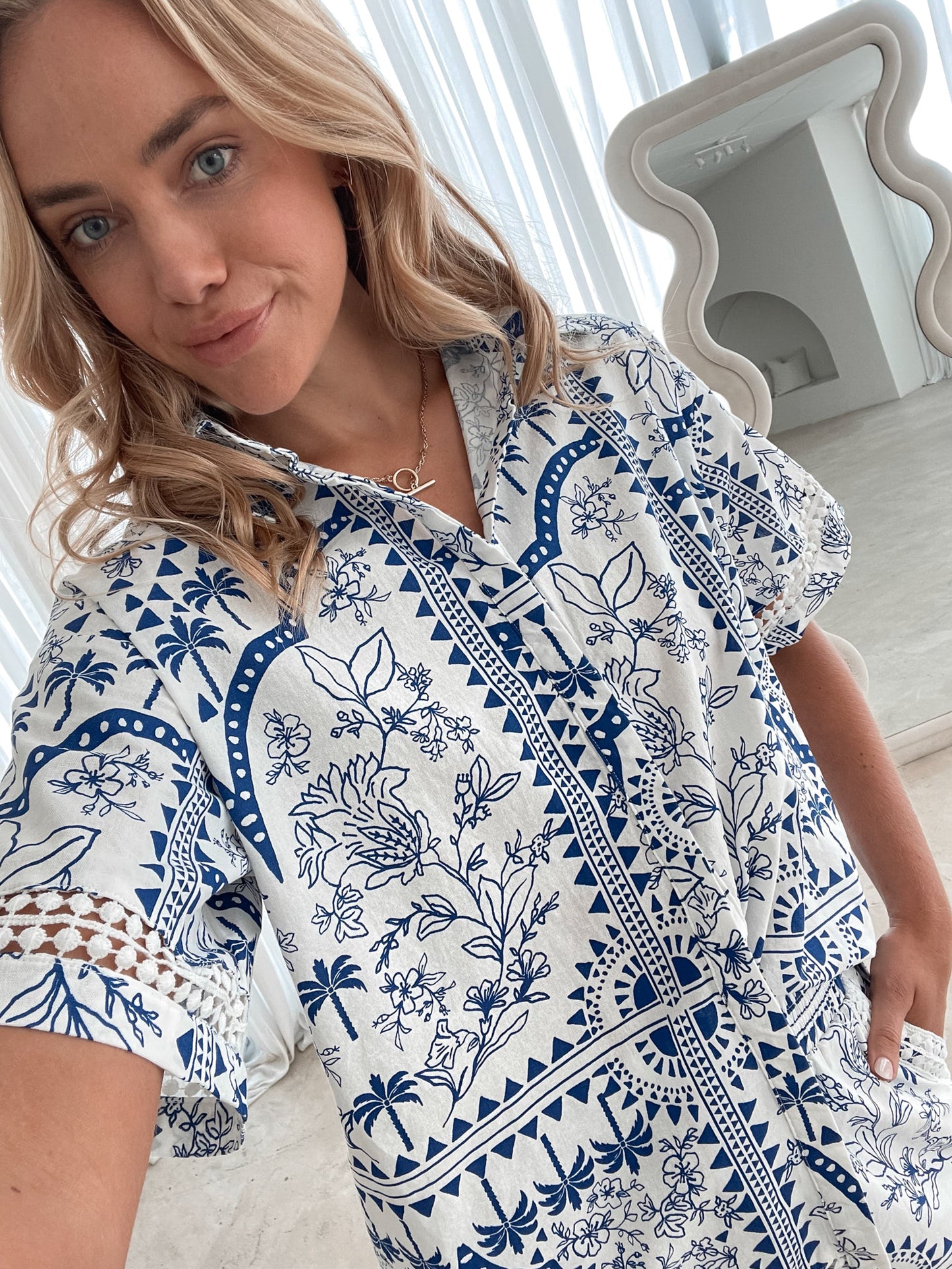 Aeris Shirt Blue Print | Women's Cotton Linen Short Sleeve Shirt