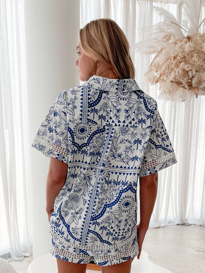 Aeris Shirt Blue Print | Women's Cotton Linen Short Sleeve Shirt