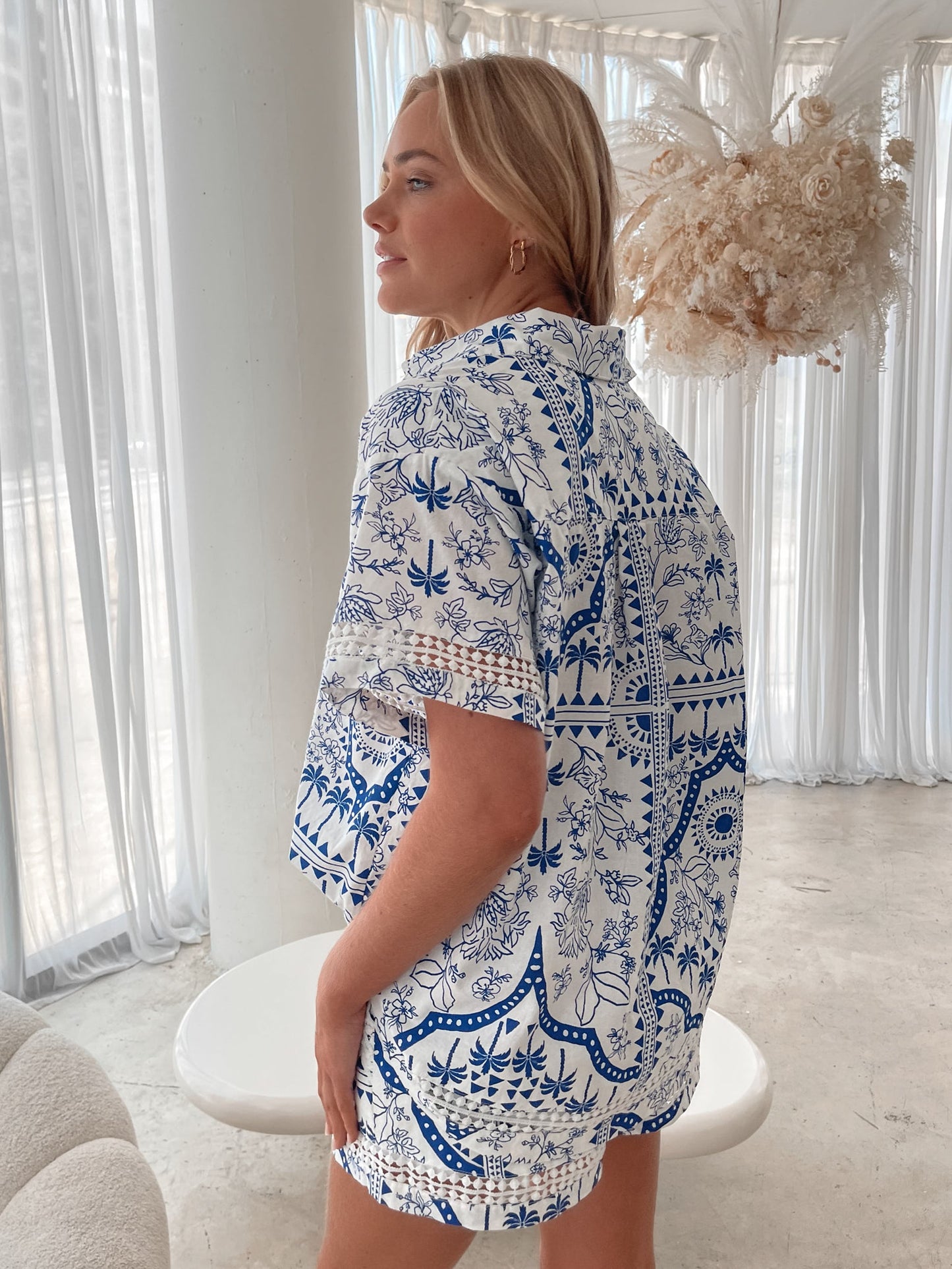 Aeris Shirt Blue Print | Women's Cotton Linen Short Sleeve Shirt