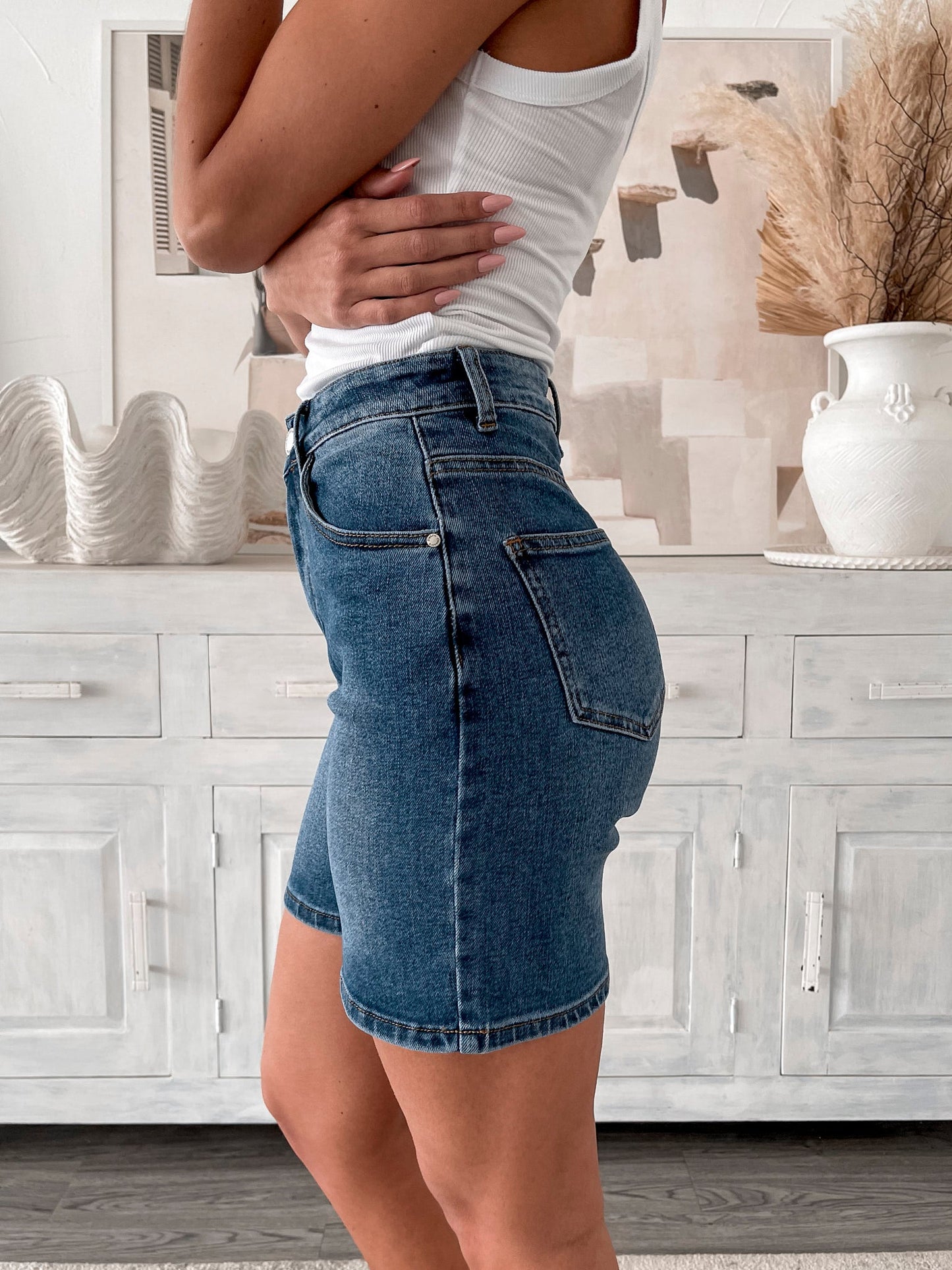 Alaiya Dark Denim Shorts | Women's High Waisted Denim Shorts