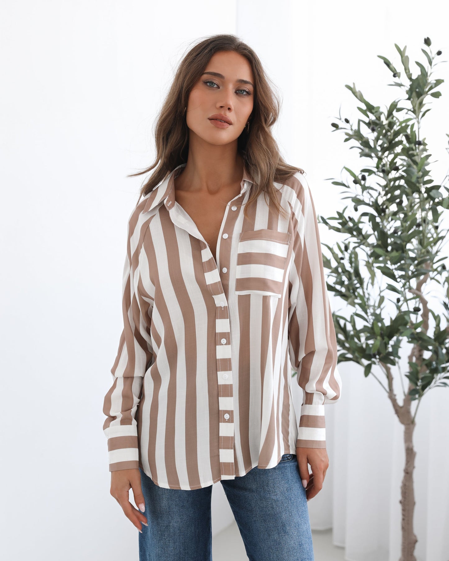 Alayah Shirt - Brown Stripe | Women's Striped Button-Up Shirt