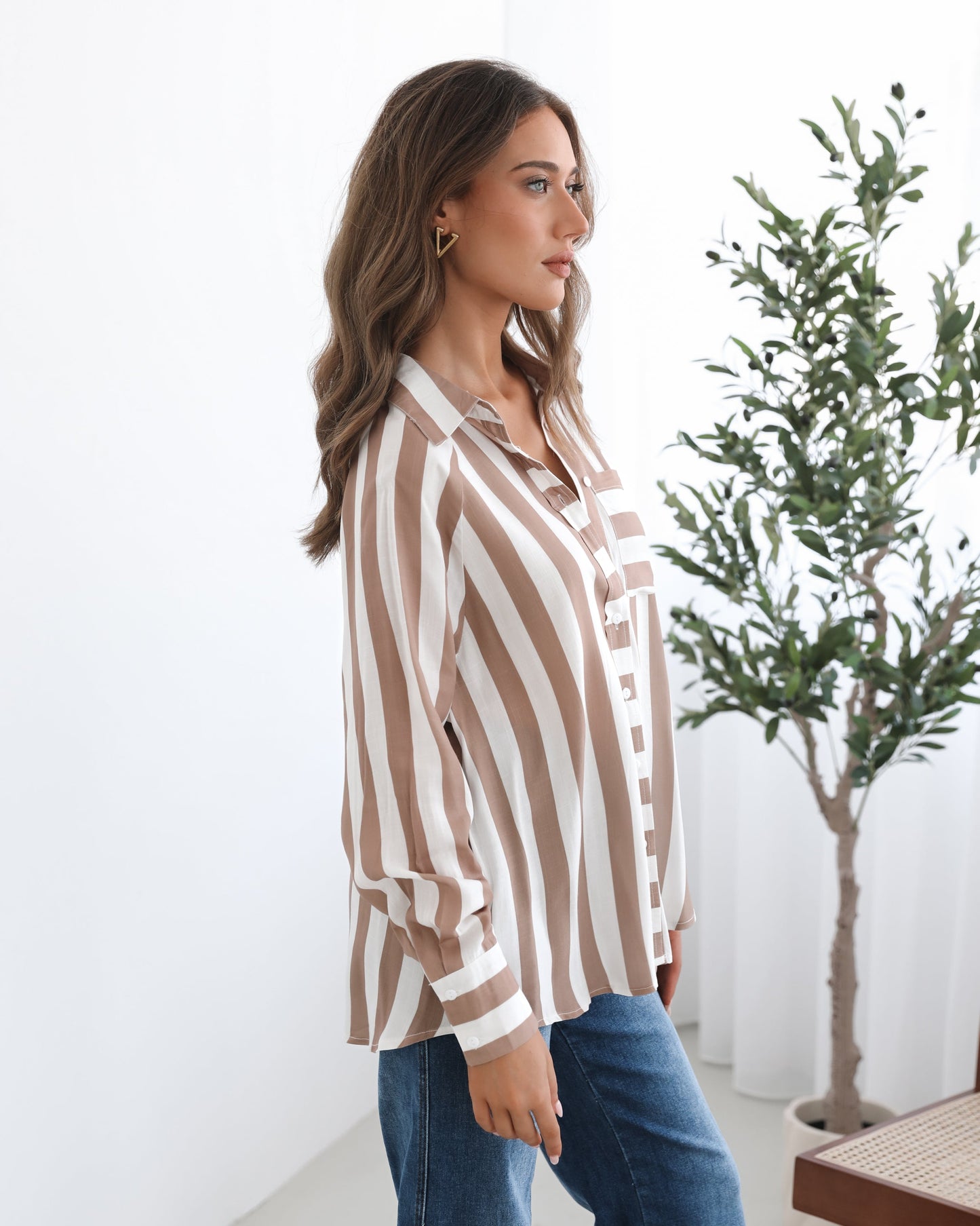 Alayah Shirt - Brown Stripe | Women's Striped Button-Up Shirt