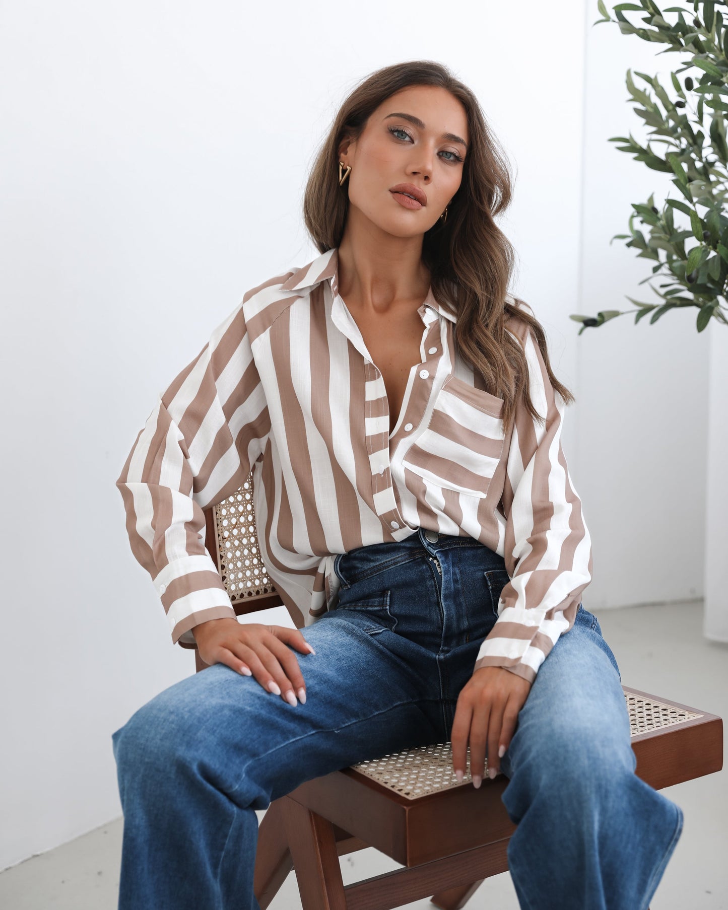 Alayah Shirt - Brown Stripe | Women's Striped Button-Up Shirt