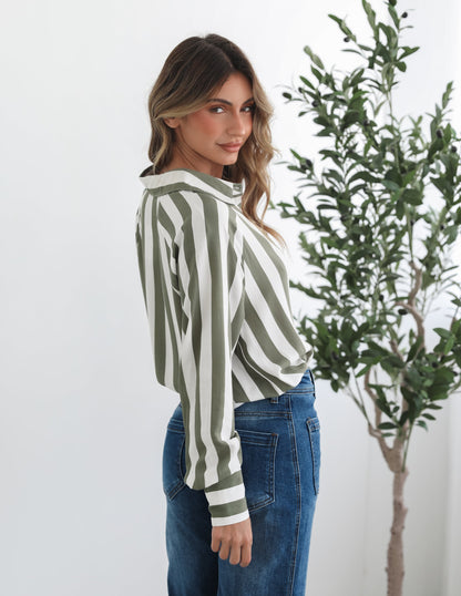 Alayah Shirt - Green Stripe | Women's Striped Button-Up Shirt
