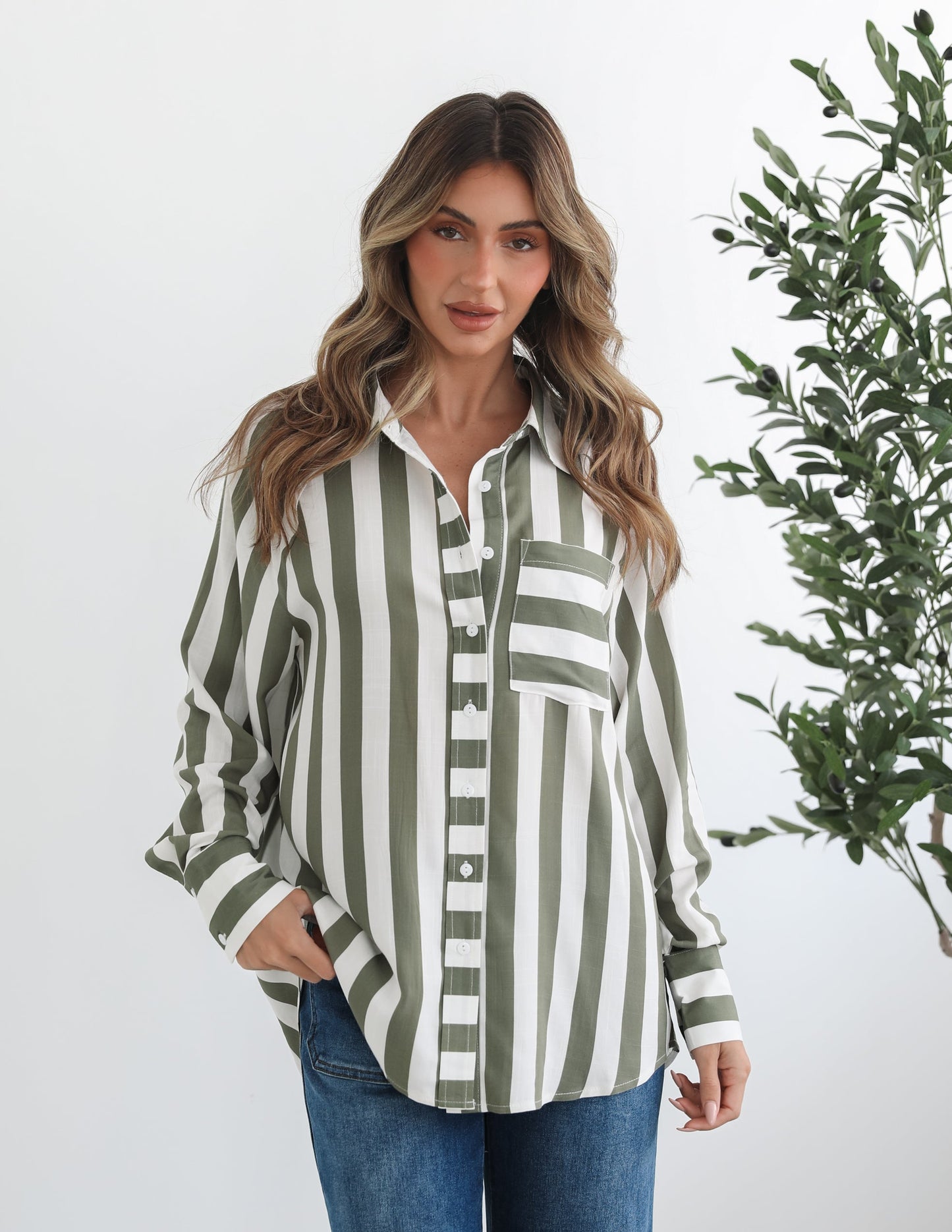 Alayah Shirt - Green Stripe | Women's Striped Button-Up Shirt