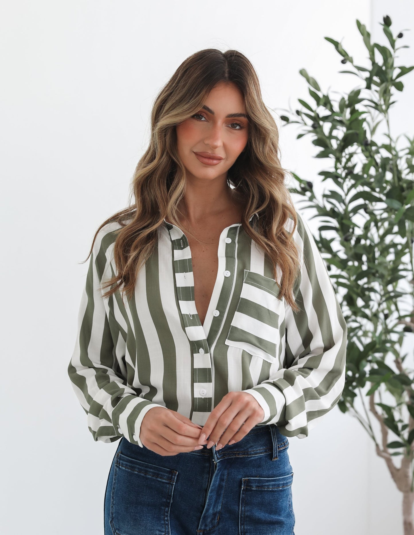 Alayah Shirt - Green Stripe | Women's Striped Button-Up Shirt