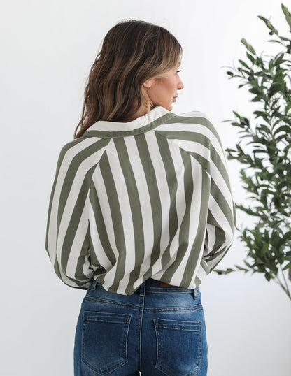 Alayah Shirt - Green Stripe | Women's Striped Button-Up Shirt