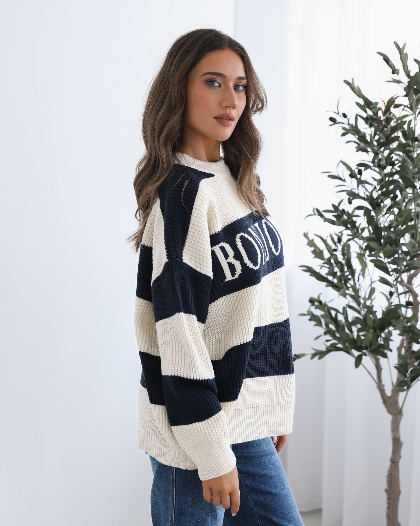Alisson Knit Navy Multi | Women's Striped Slogan Knit Jumper