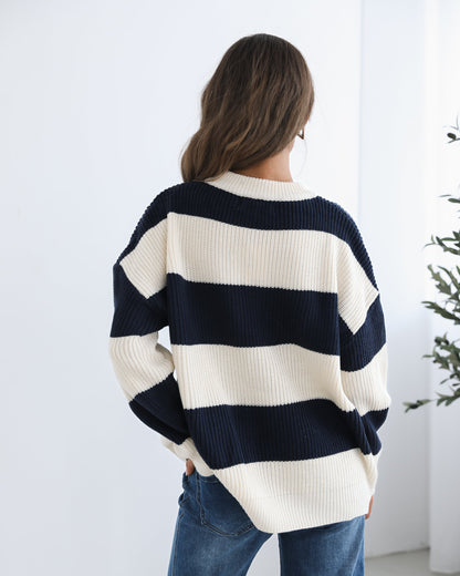 Alisson Knit Navy Multi | Women's Striped Slogan Knit Jumper