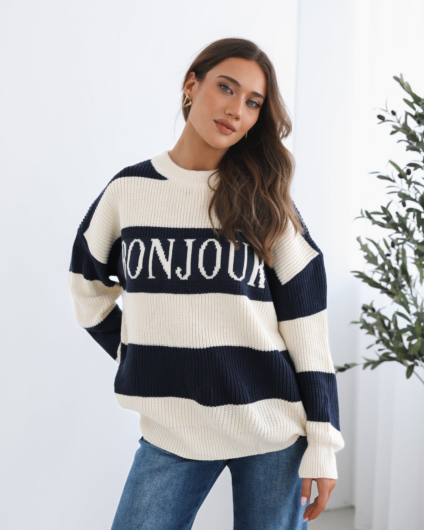 Alisson Knit Navy Multi | Women's Striped Slogan Knit Jumper