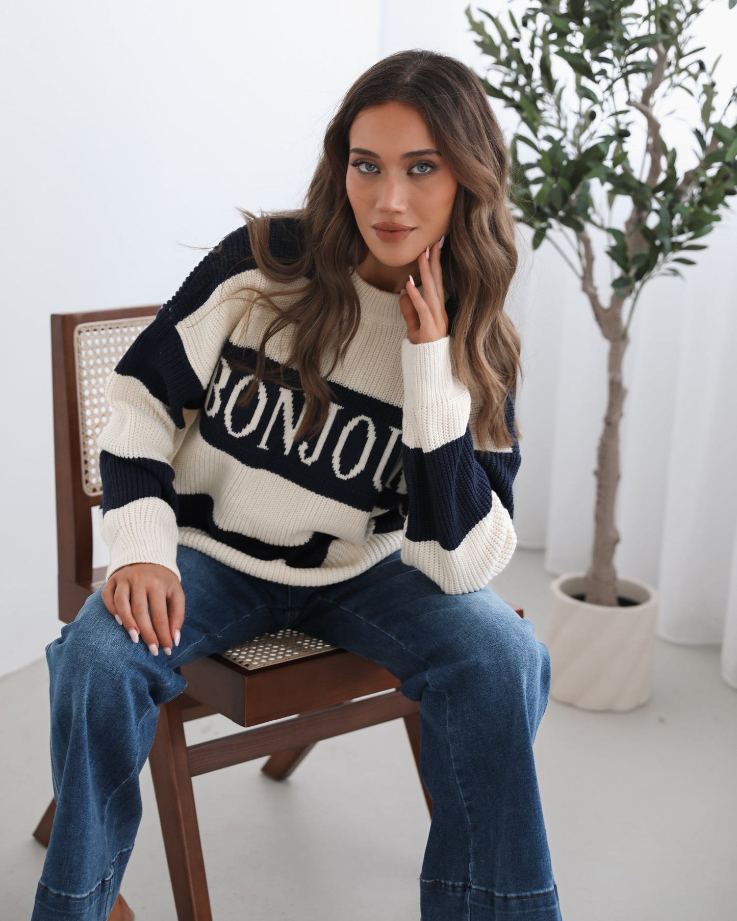 Alisson Knit Navy Multi | Women's Striped Slogan Knit Jumper