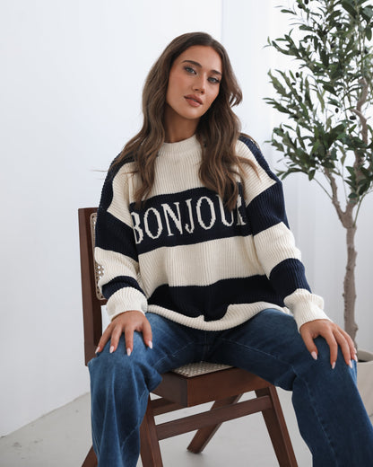 Alisson Knit Navy Multi | Women's Striped Slogan Knit Jumper