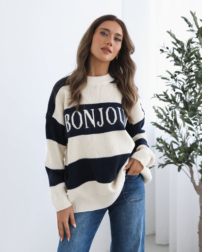 Alisson Knit Navy Multi | Women's Striped Slogan Knit Jumper