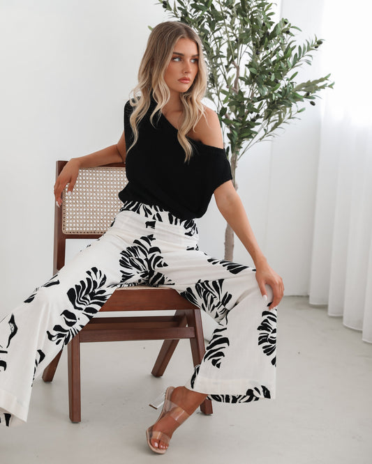 Amelyn White Print Pants | Women's Linen Blend Wide Leg Pants