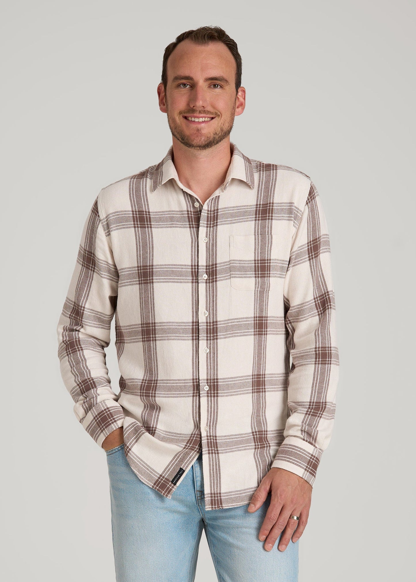 Nelson Flannel Shirt for Tall Men in Beige Plaid