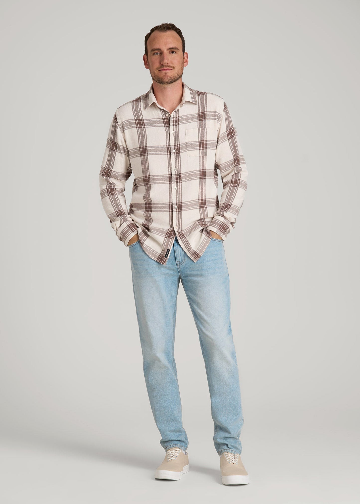 Nelson Flannel Shirt for Tall Men in Beige Plaid