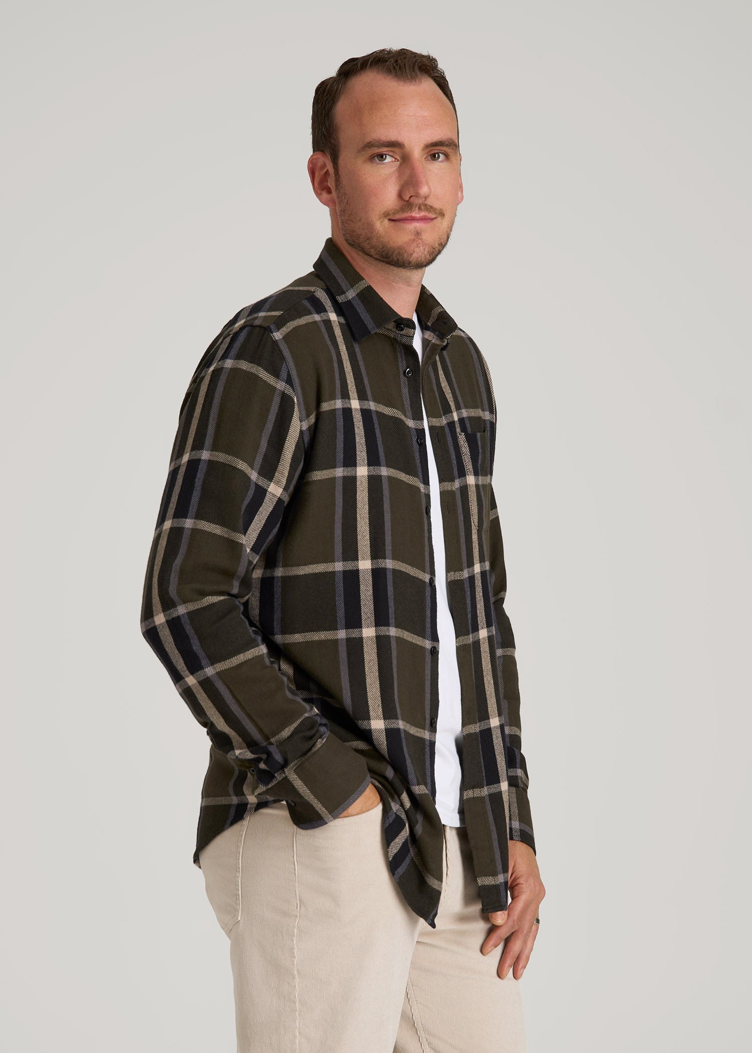 Nelson Flannel Shirt for Tall Men in Olive Plaid