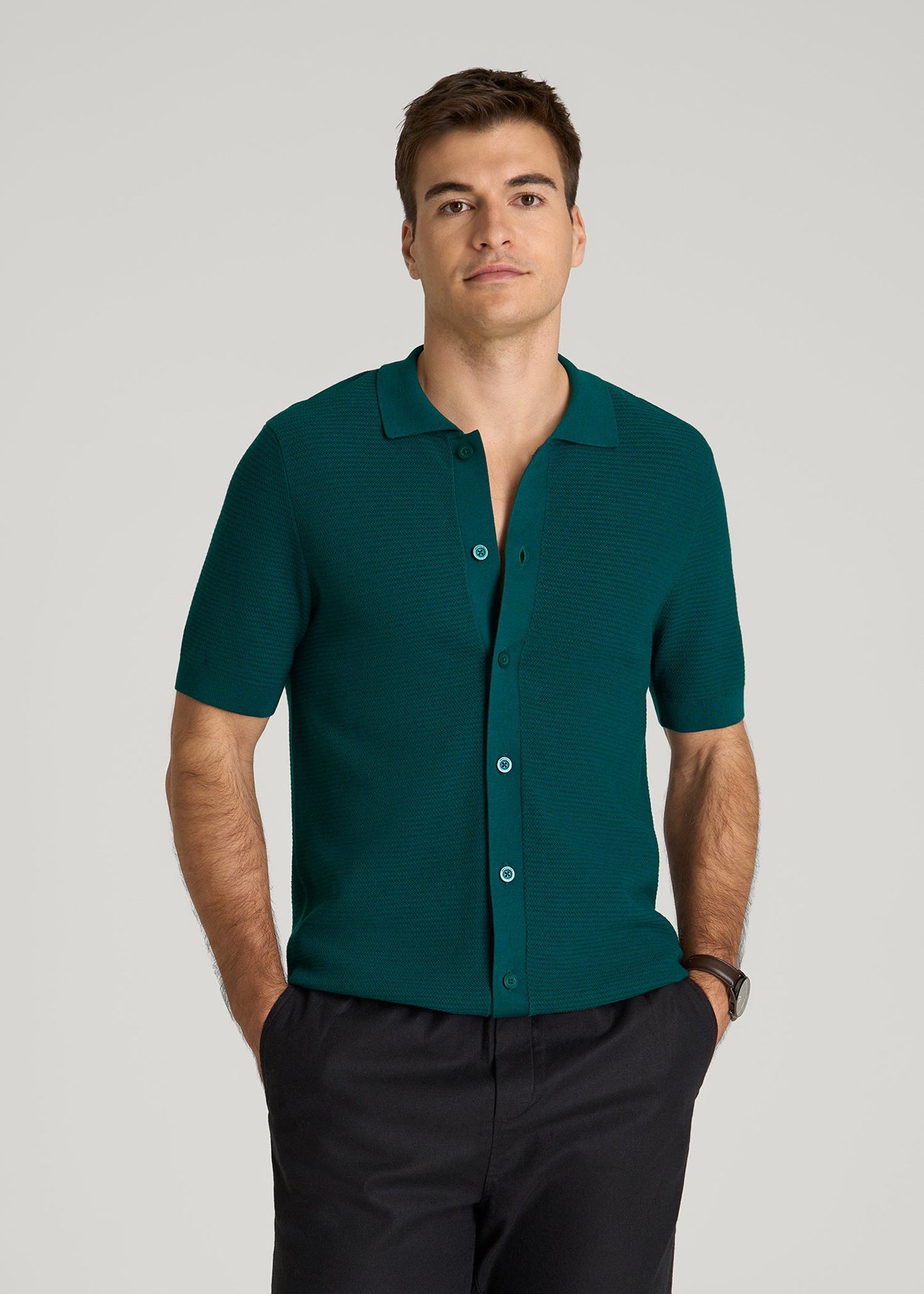 Braided Knit Short Sleeve Polo Cardigan for Tall Men in Deep Teal