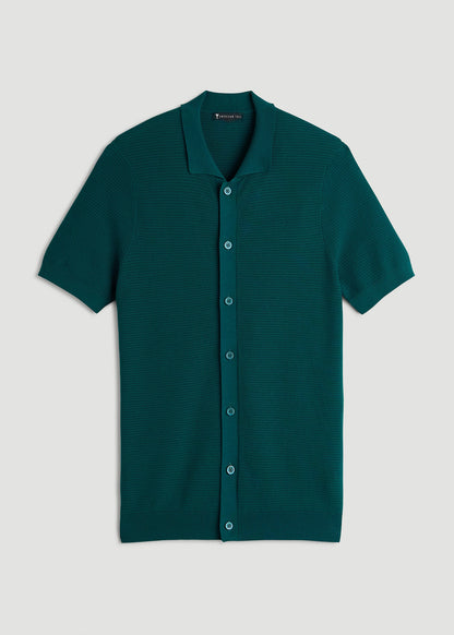 Braided Knit Short Sleeve Polo Cardigan for Tall Men in Deep Teal