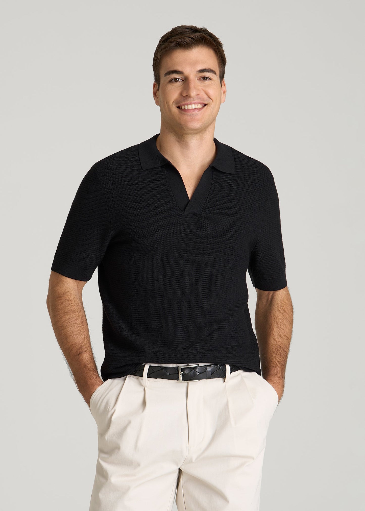 Braided Knit Sweater Polo for Tall Men in Black