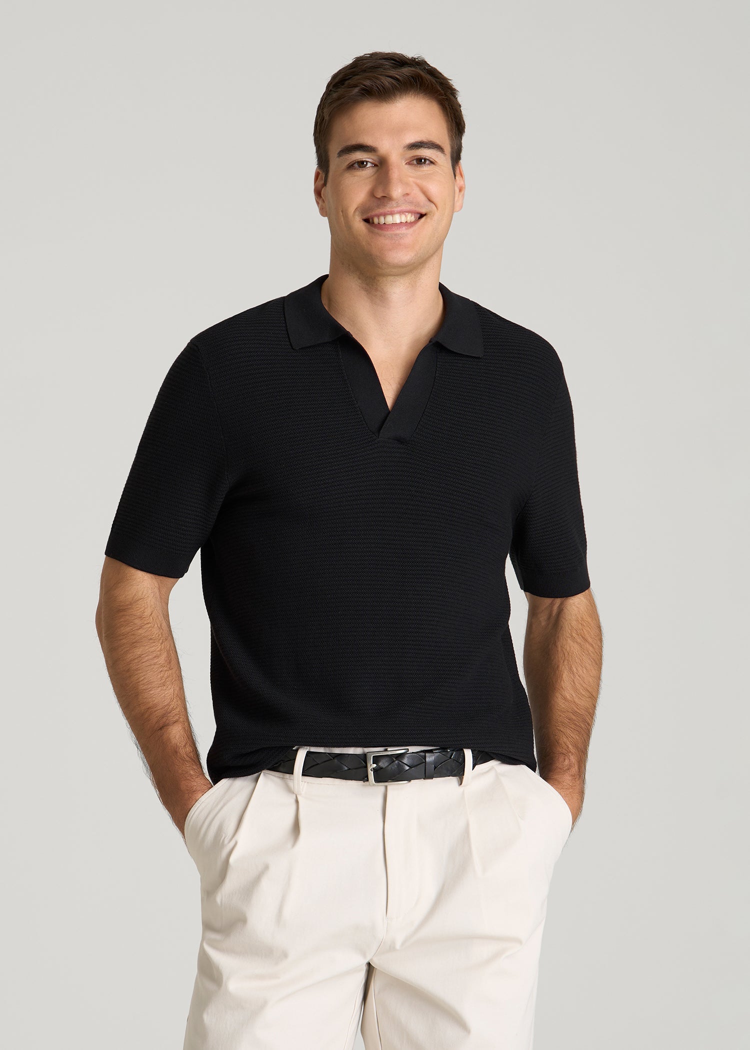 Braided Knit Sweater Polo for Tall Men in Black