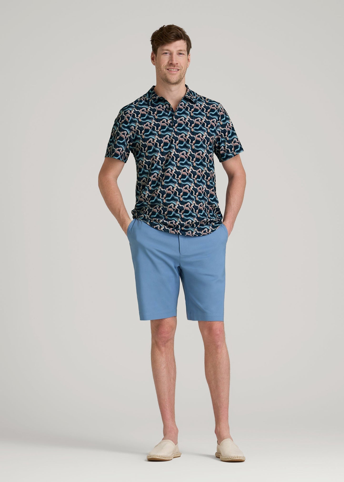 Coastal Perforated Polo Shirt for Tall Men in Blue and Rose Abstract
