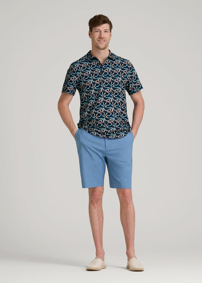 Coastal Perforated Polo Shirt for Tall Men in Blue and Rose Abstract