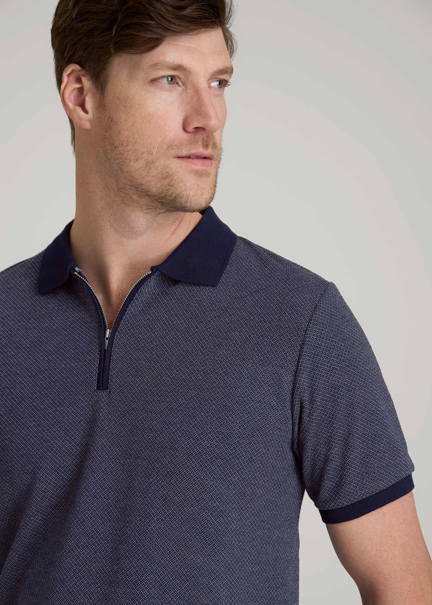 Embossed Geo Zip Collar Polo Shirt for Tall Men in Evening Blue