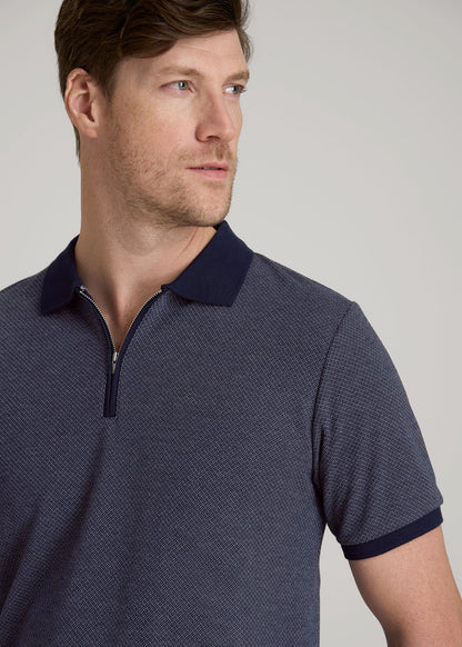 Embossed Geo Zip Collar Polo Shirt for Tall Men in Evening Blue