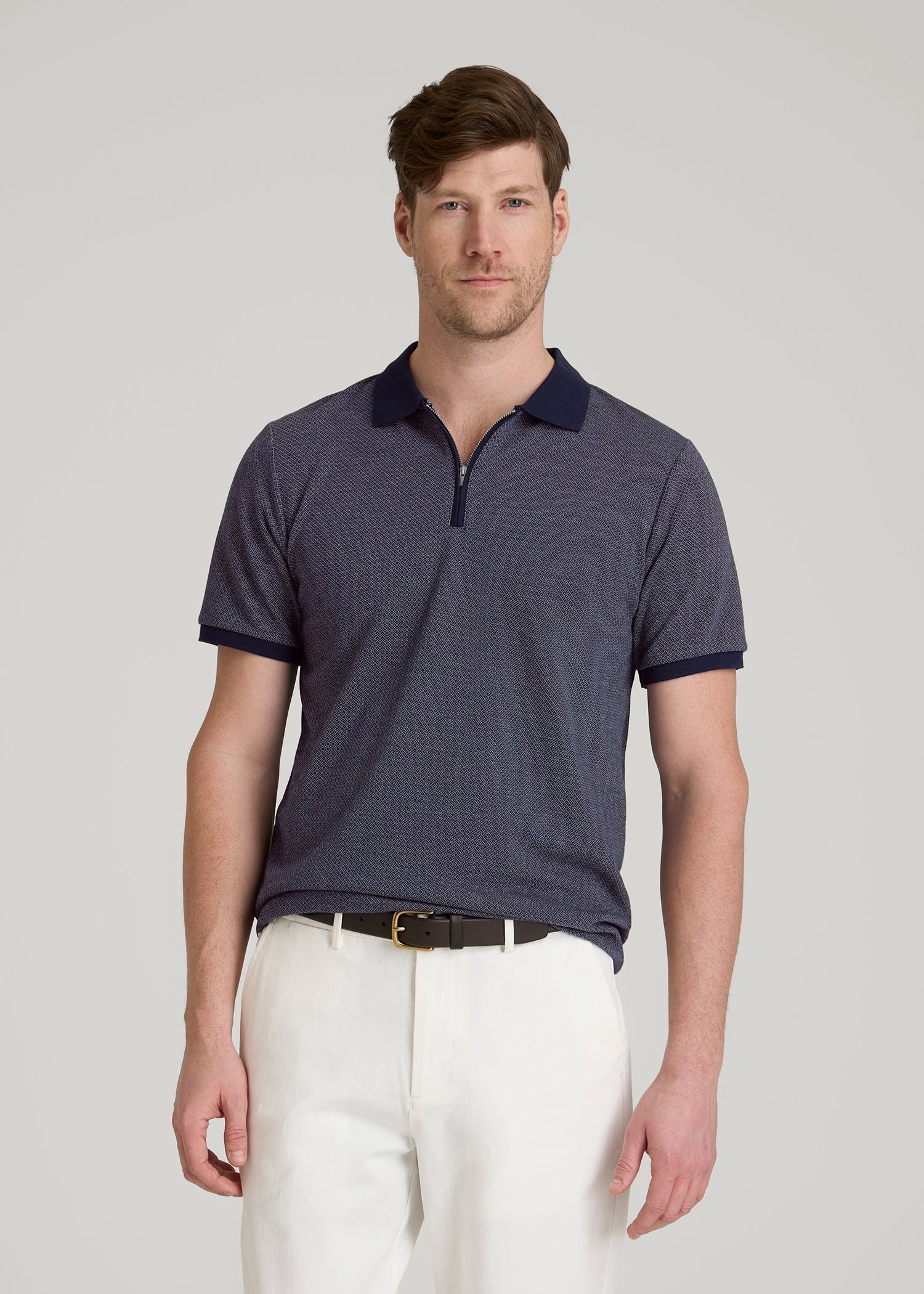 Embossed Geo Zip Collar Polo Shirt for Tall Men in Evening Blue