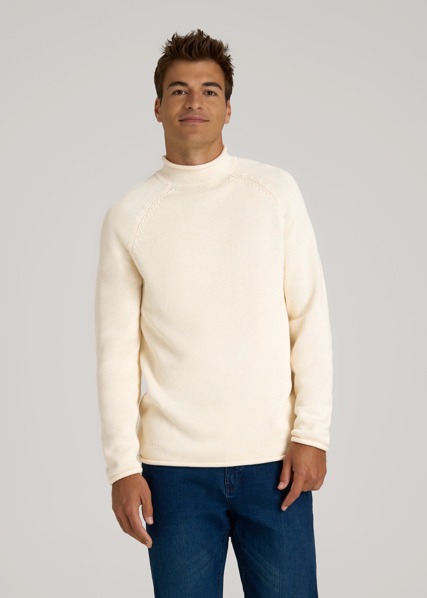 Fisherman Knit Rolled Mock Neck Sweater for Tall Men in Natural