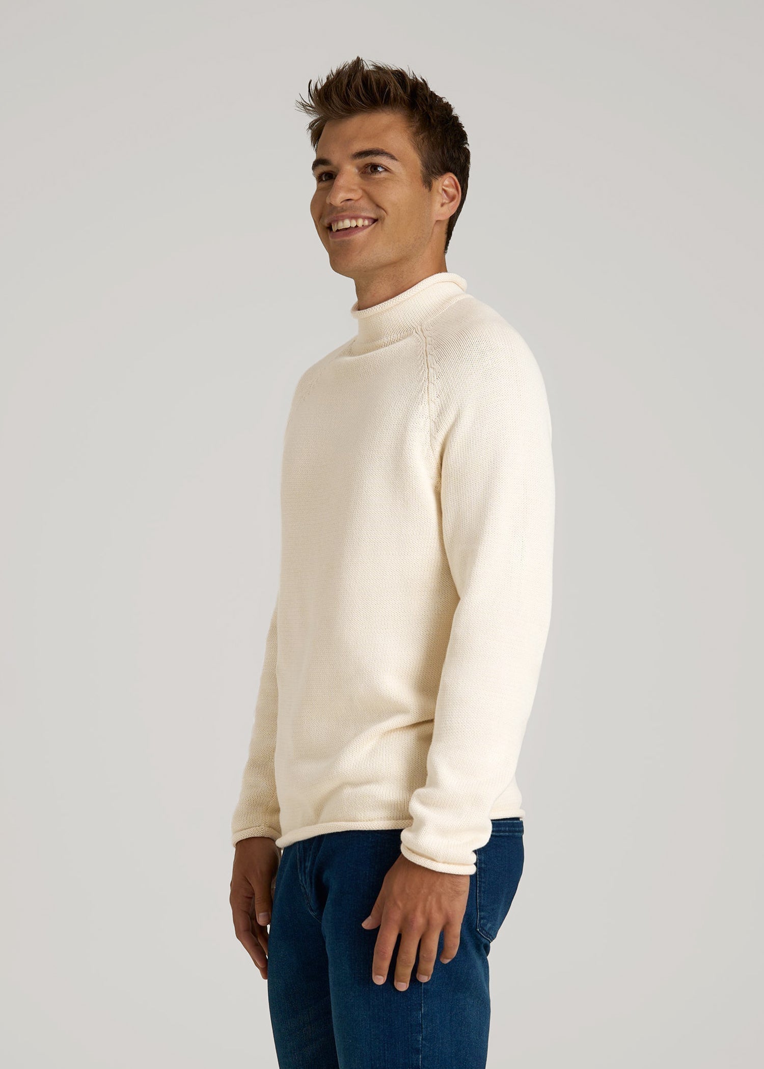 Fisherman Knit Rolled Mock Neck Sweater for Tall Men in Natural