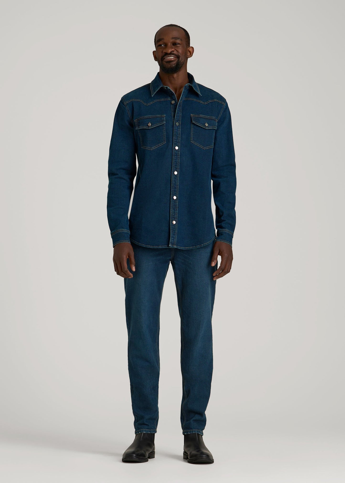 Western Denim Shirt for Tall Men in Indigo Dusk