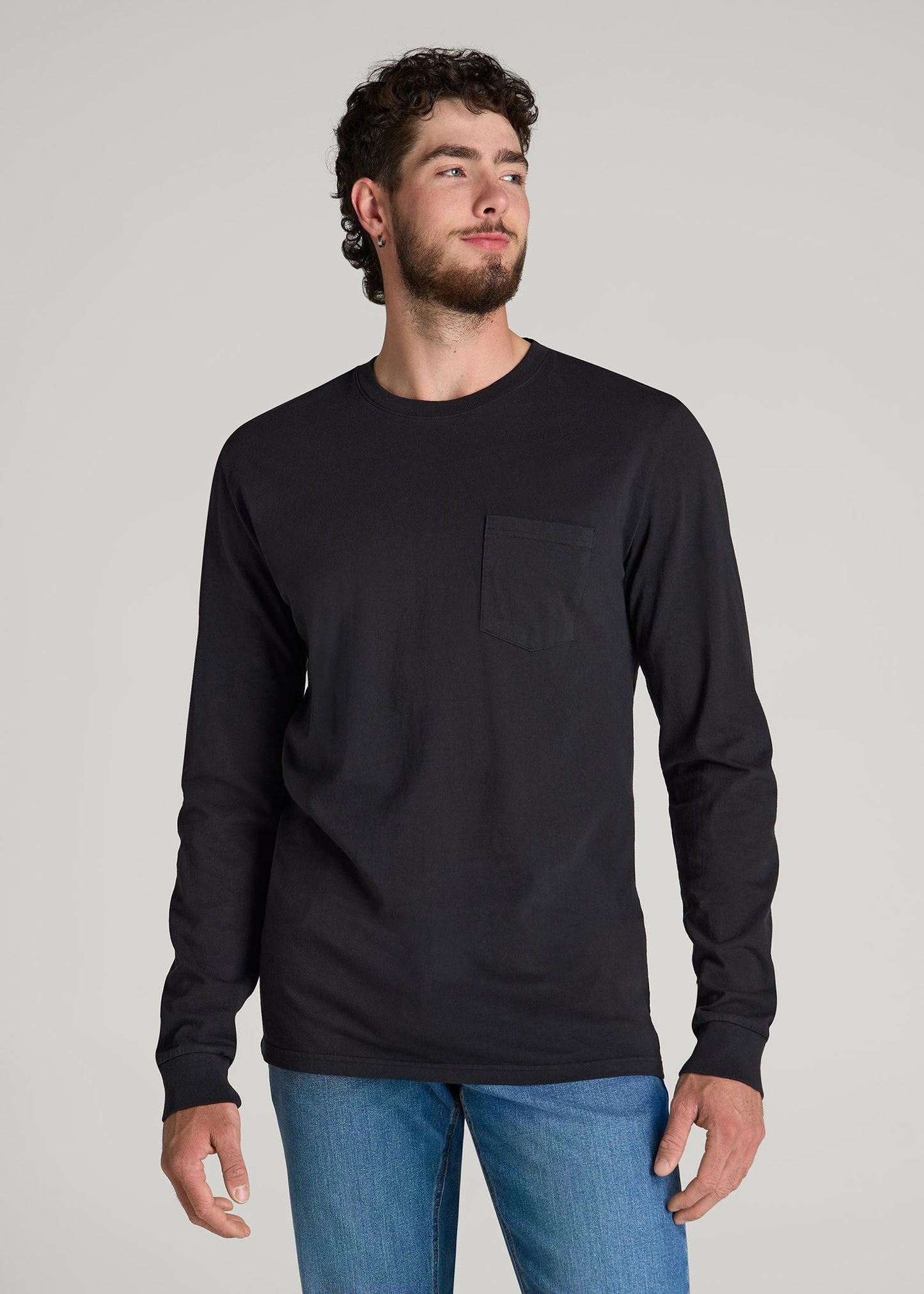 Garment Dyed Long Sleeve Pocket Tee for Tall Men in Black