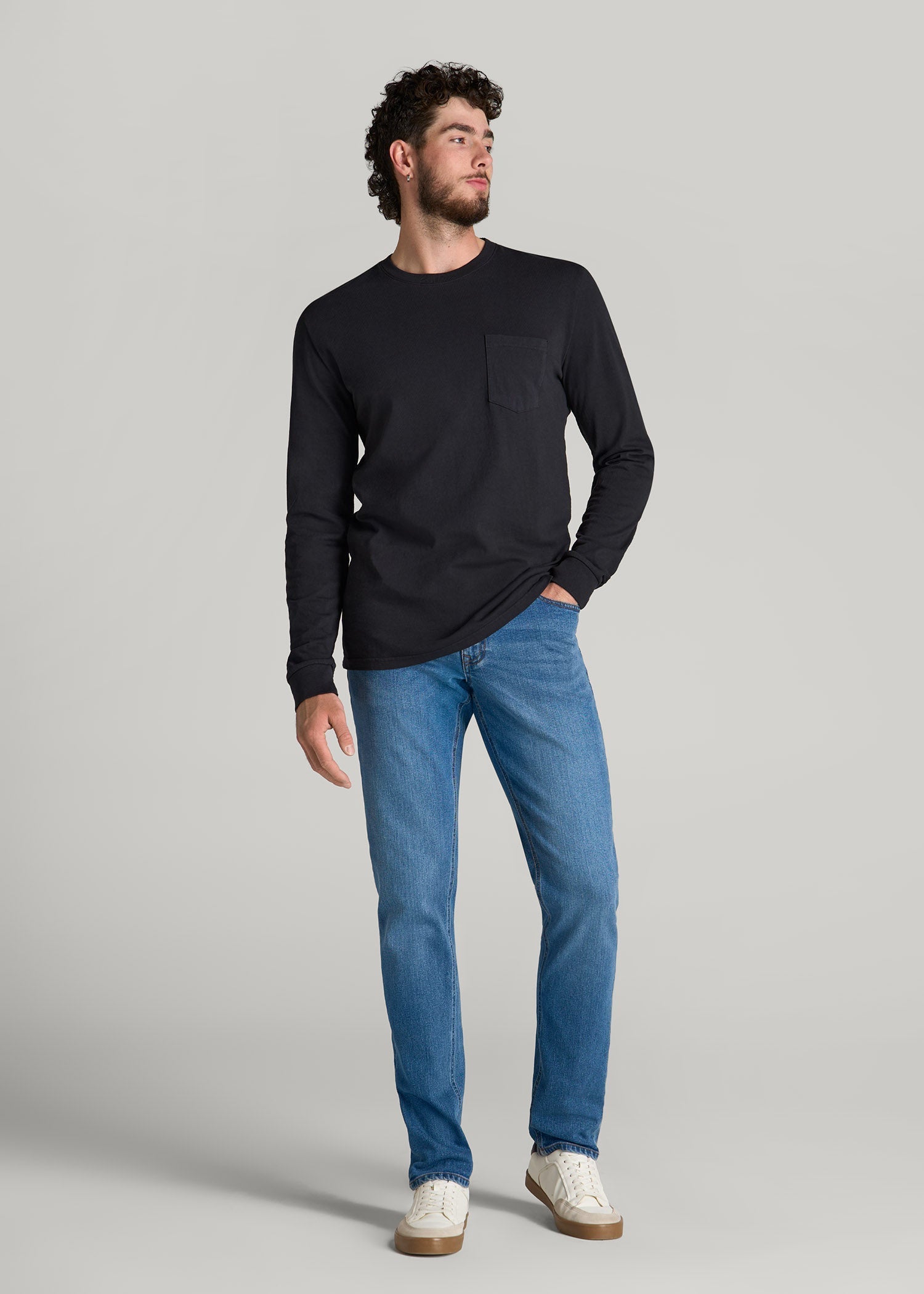 Garment Dyed Long Sleeve Pocket Tee for Tall Men in Black