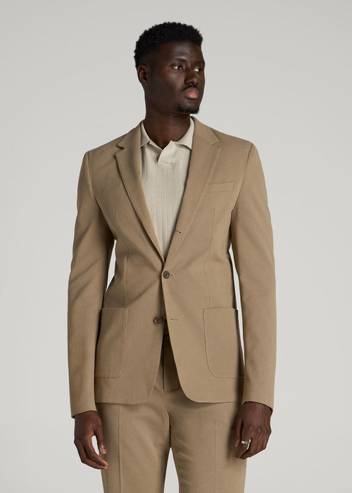 Textured Garment Washed Stretch Cotton Blazer for Tall Men in Desert Khaki