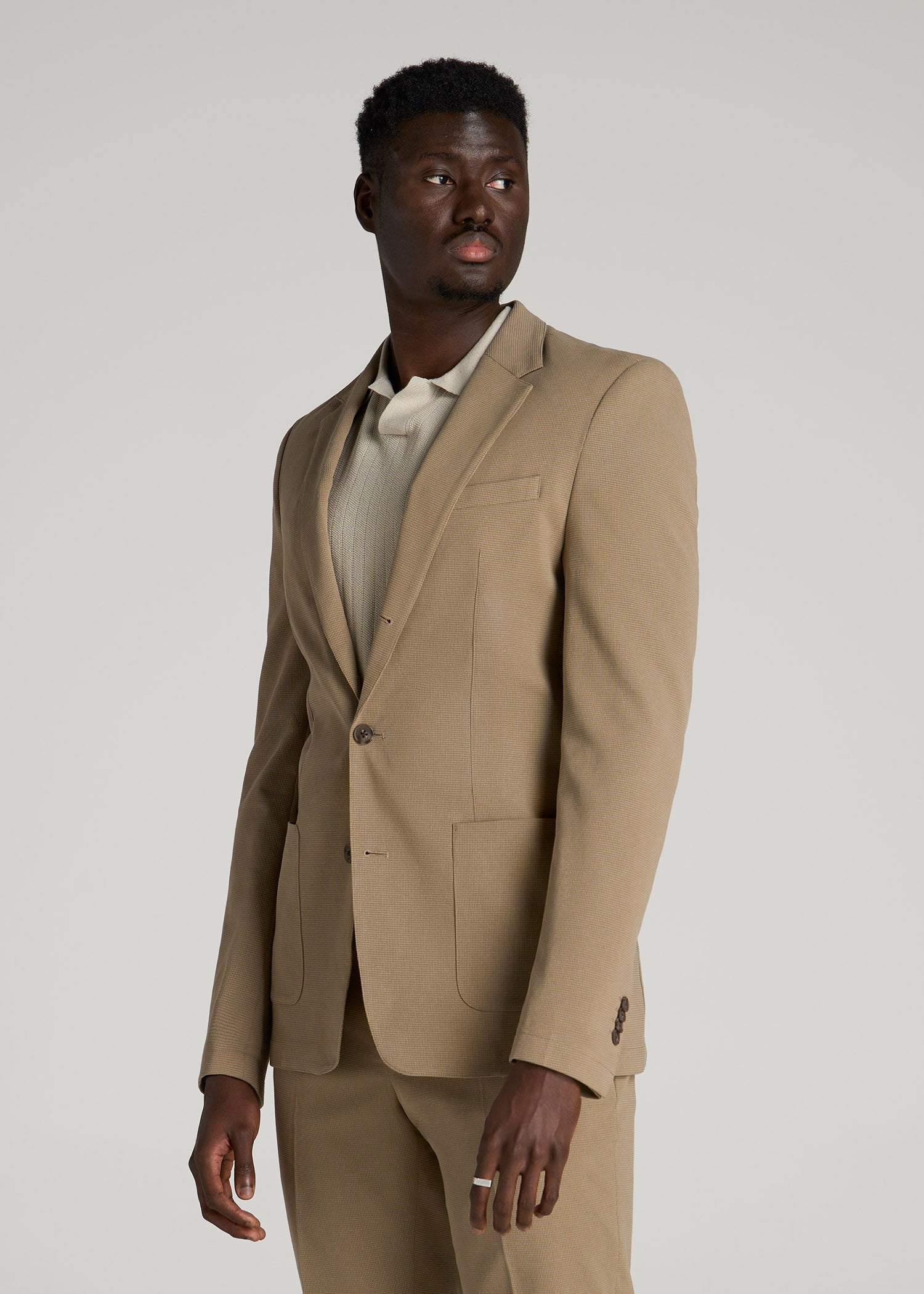 Textured Garment Washed Stretch Cotton Blazer for Tall Men in Desert Khaki