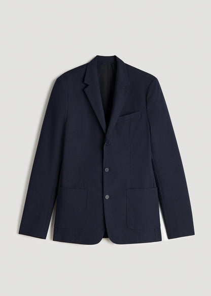 Textured Garment Washed Stretch Cotton Blazer for Tall Men in Evening Blue