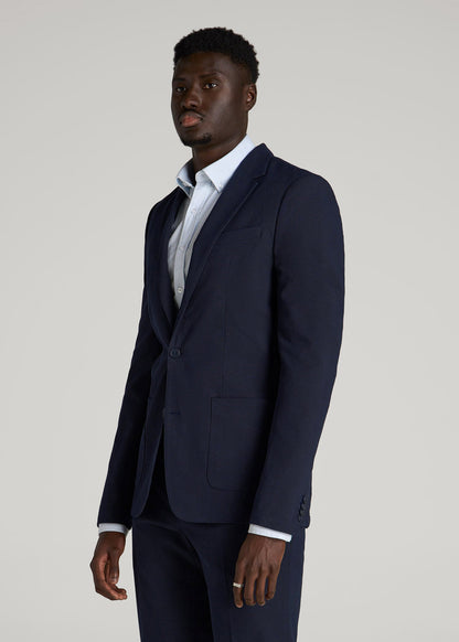 Textured Garment Washed Stretch Cotton Blazer for Tall Men in Evening Blue