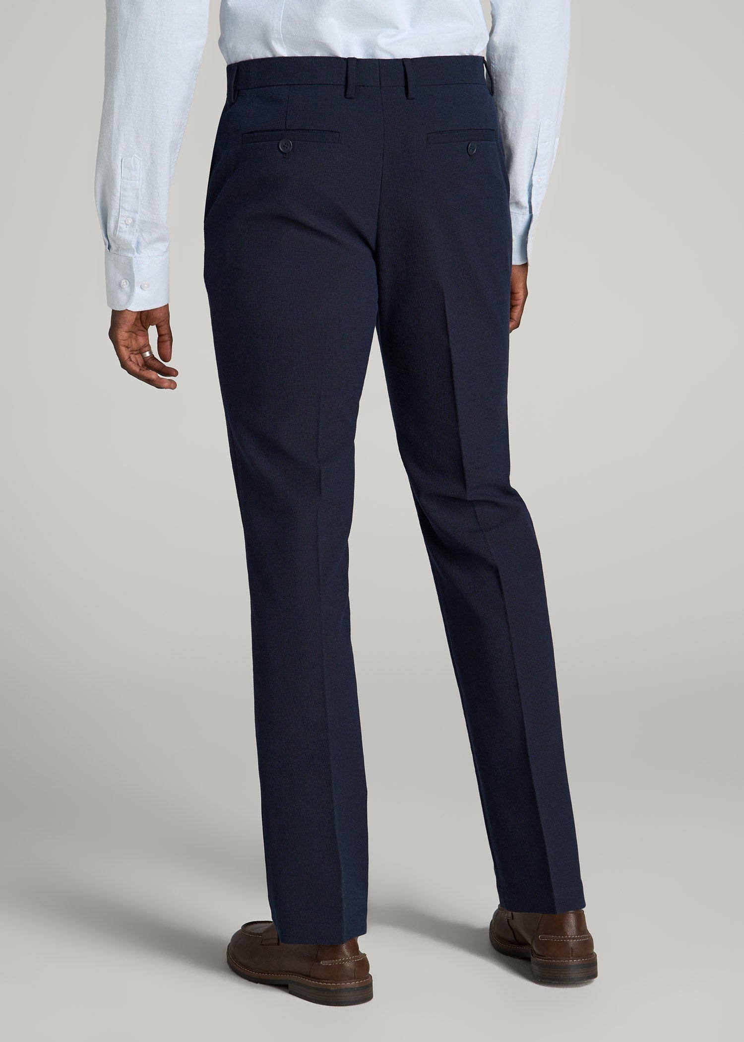 Textured Garment Washed Stretch Cotton Suit Pants for Tall Men in Evening Blue
